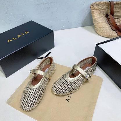 Alaia 25 Marry Janes Ballet Flats Gold Wool Sheepskin 300456