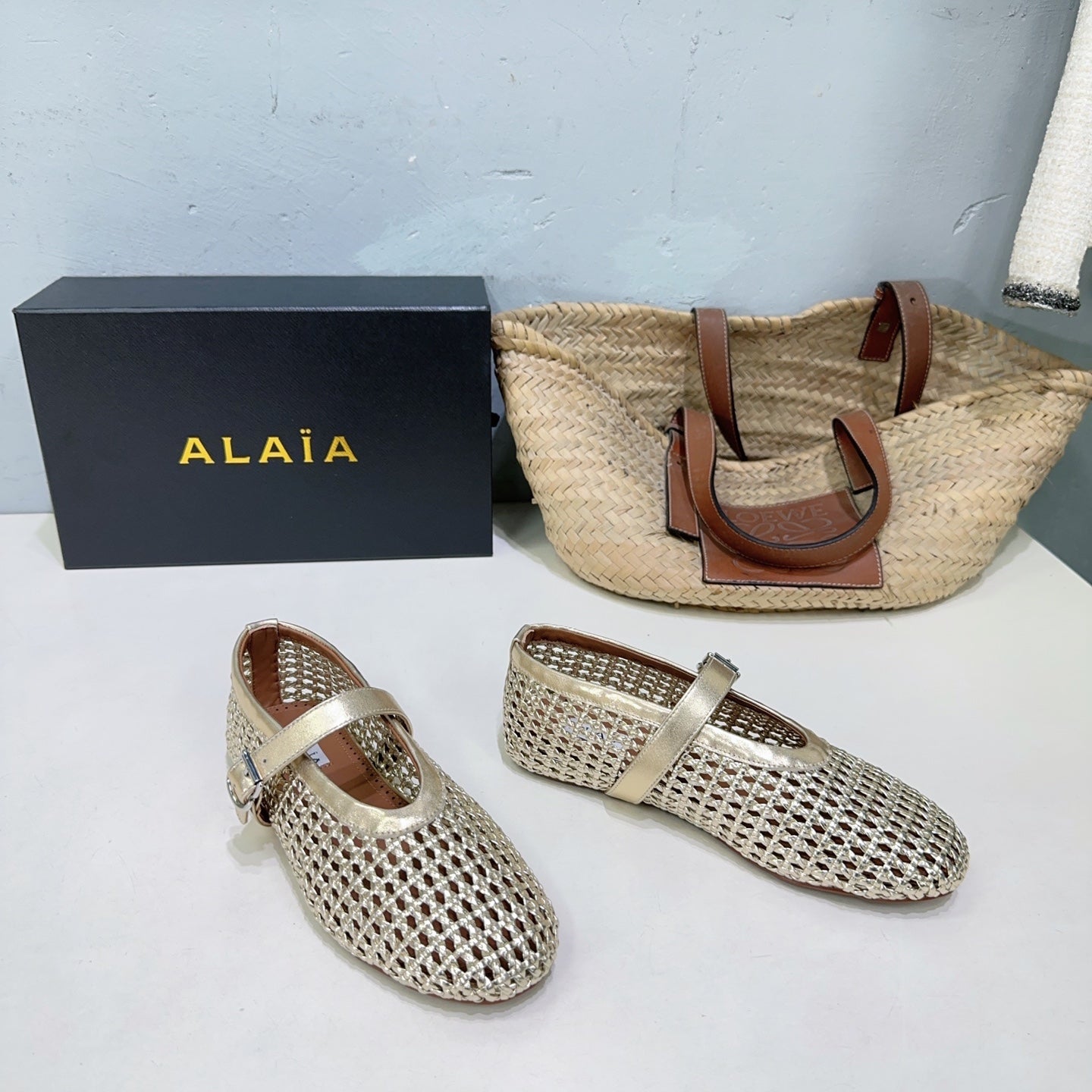 Alaia 25 Marry Janes Ballet Flats Gold Wool Sheepskin 300456
