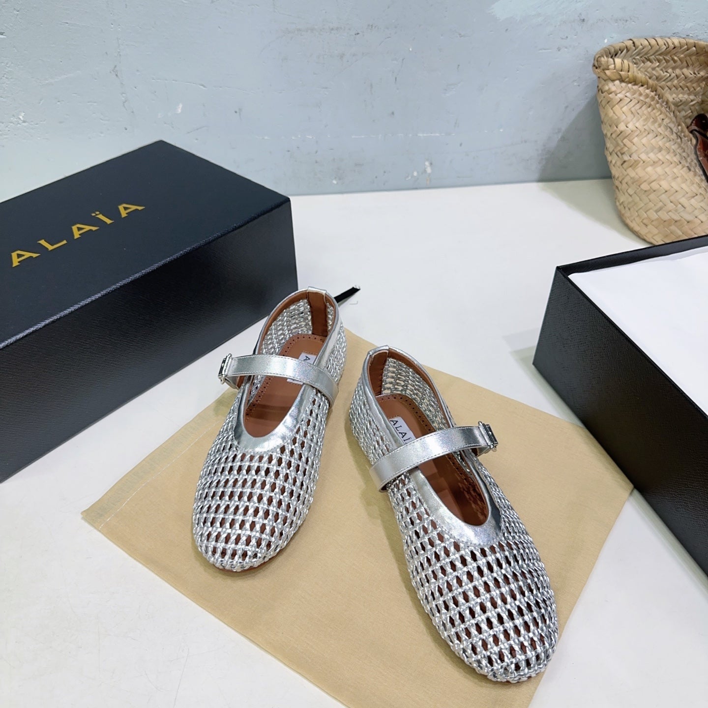 Alaia 25 Marry Janes Ballet Flats Silver Wool Sheepskin 300457