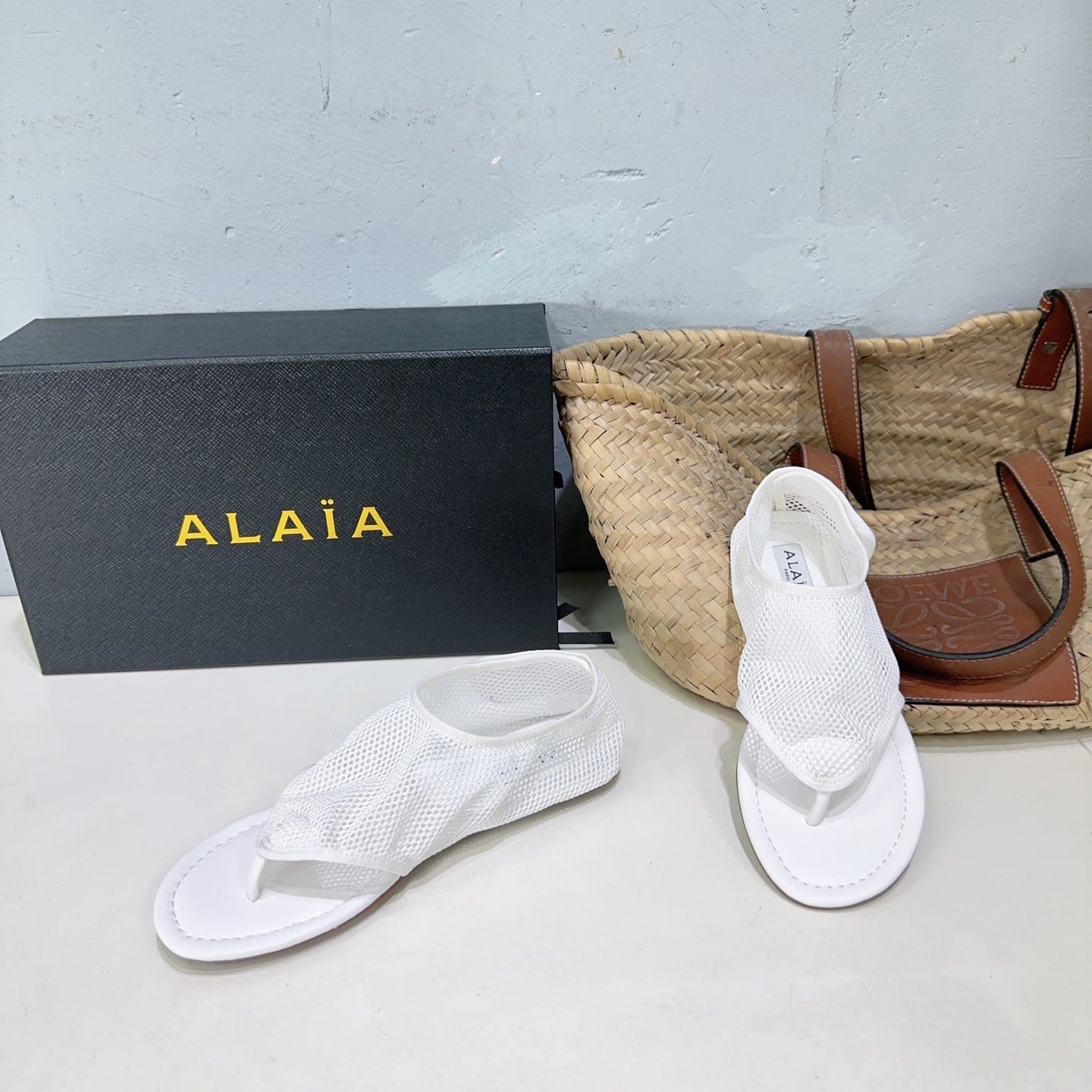 Alaia 25 Thong Sandals White Fishnet Sheepskin 315964
