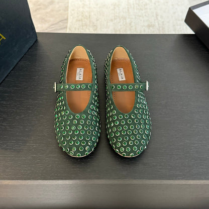 Alaia Strass Ballet Flats In Dark Green Suede Stone 935187
