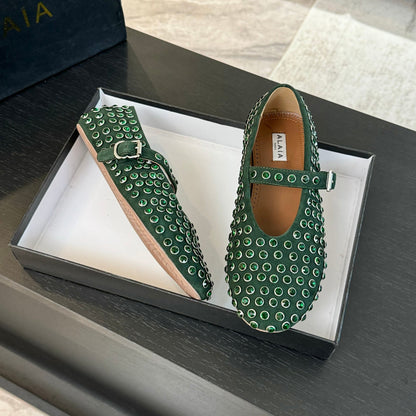 Alaia Strass Ballet Flats In Dark Green Suede Stone 935187