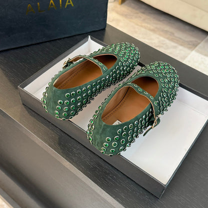 Alaia Strass Ballet Flats In Dark Green Suede Stone 935187