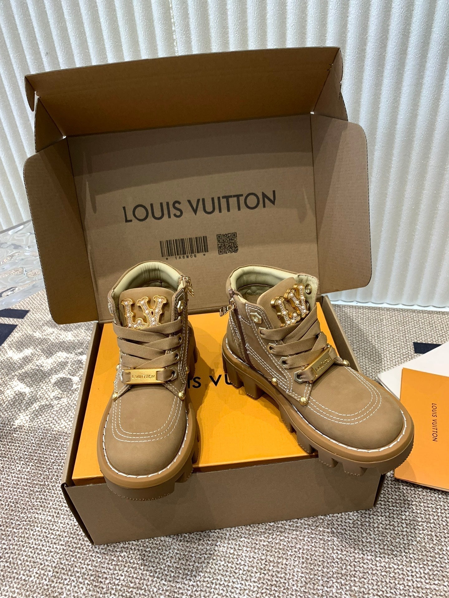 LV Checker Ankle Boots Beige Nubuck Calfskin