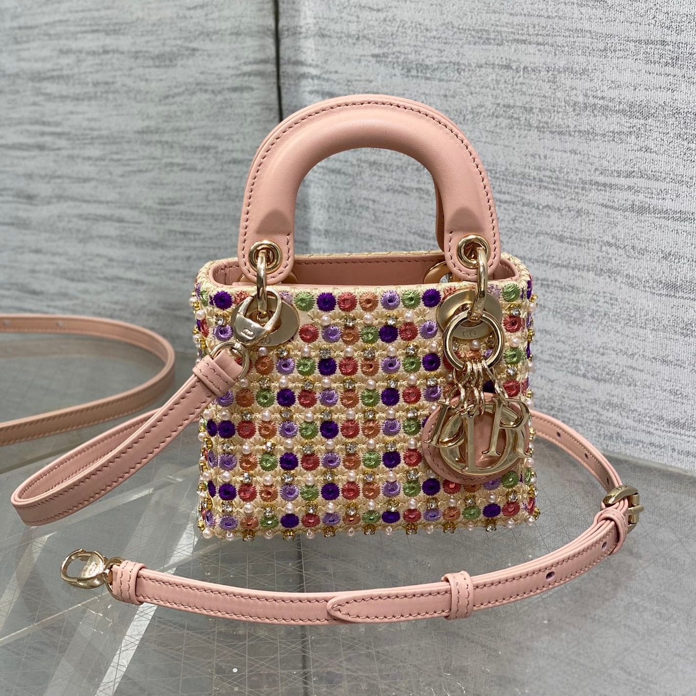 Lady Micro Bag 10cm Pink Lambskin Gold Fabric
