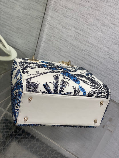 Lady Bag 20cm White Calfskin Blue Black Embroidery