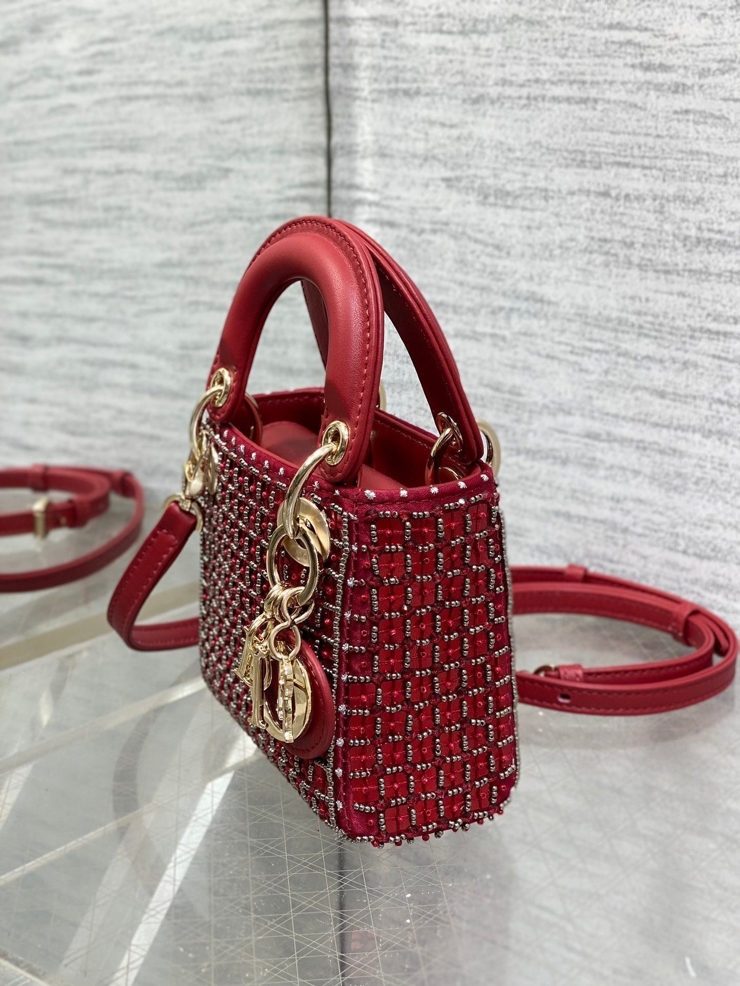 Lady Micro Bag 10cm Red Fabric Embelished Bead