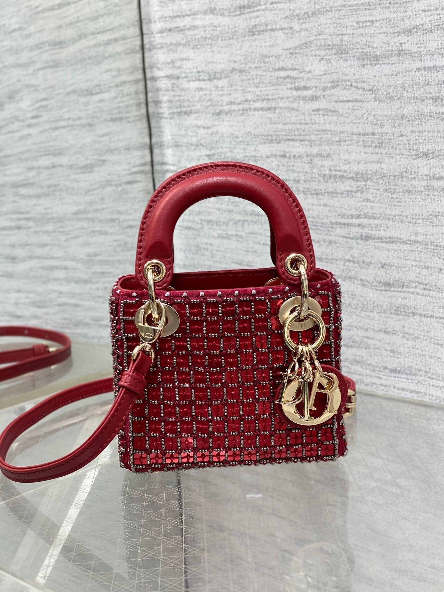 Lady Micro Bag 10cm Red Fabric Embelished Bead