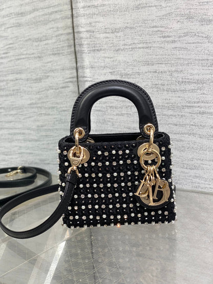Lady Micro Bag 10cm Black Canvas Diamond Pearl