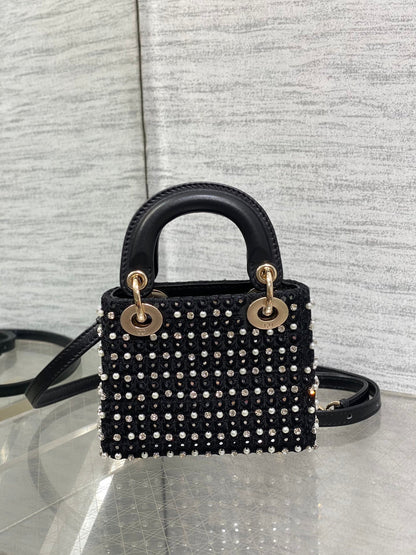 Lady Micro Bag 10cm Black Canvas Diamond Pearl