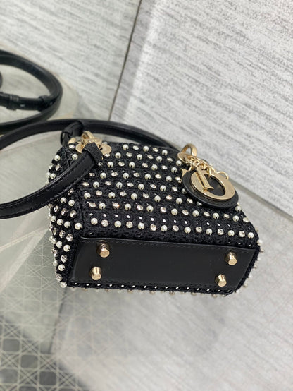 Lady Micro Bag 10cm Black Canvas Diamond Pearl