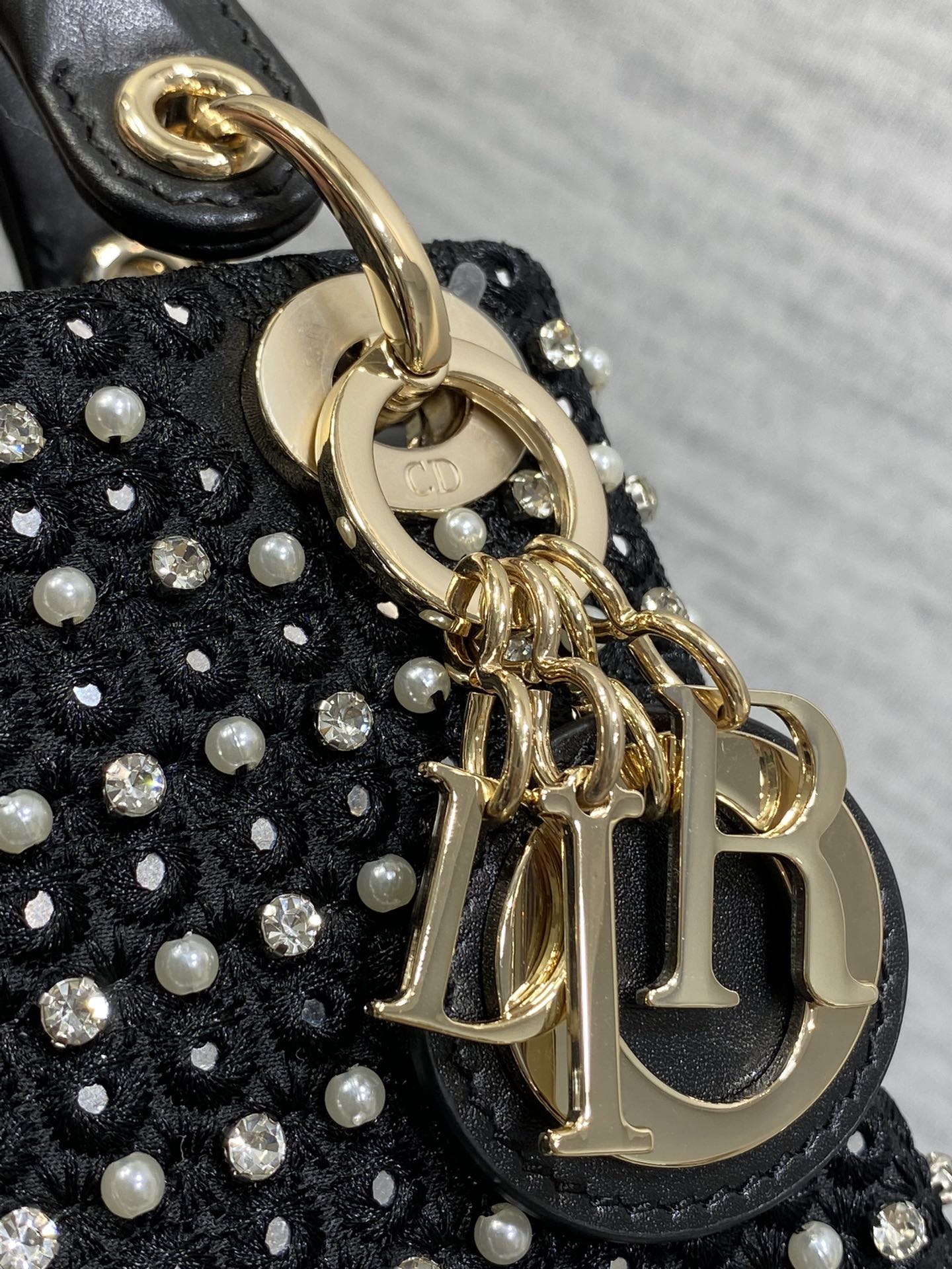 Lady Micro Bag 10cm Black Canvas Diamond Pearl