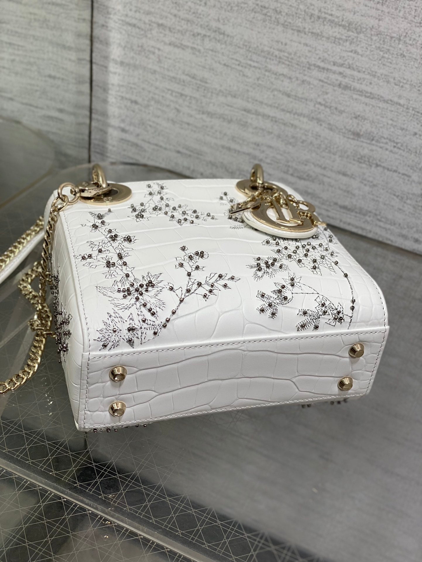 Lady Bag 17cm White Crocodile Leather Light Gold Hardware