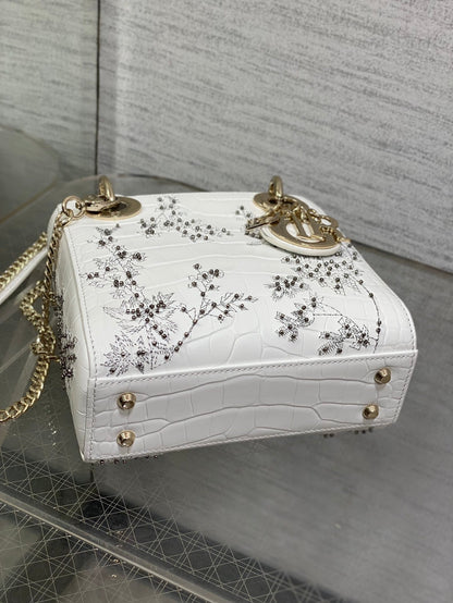 Lady Bag 17cm White Crocodile Leather Light Gold Hardware