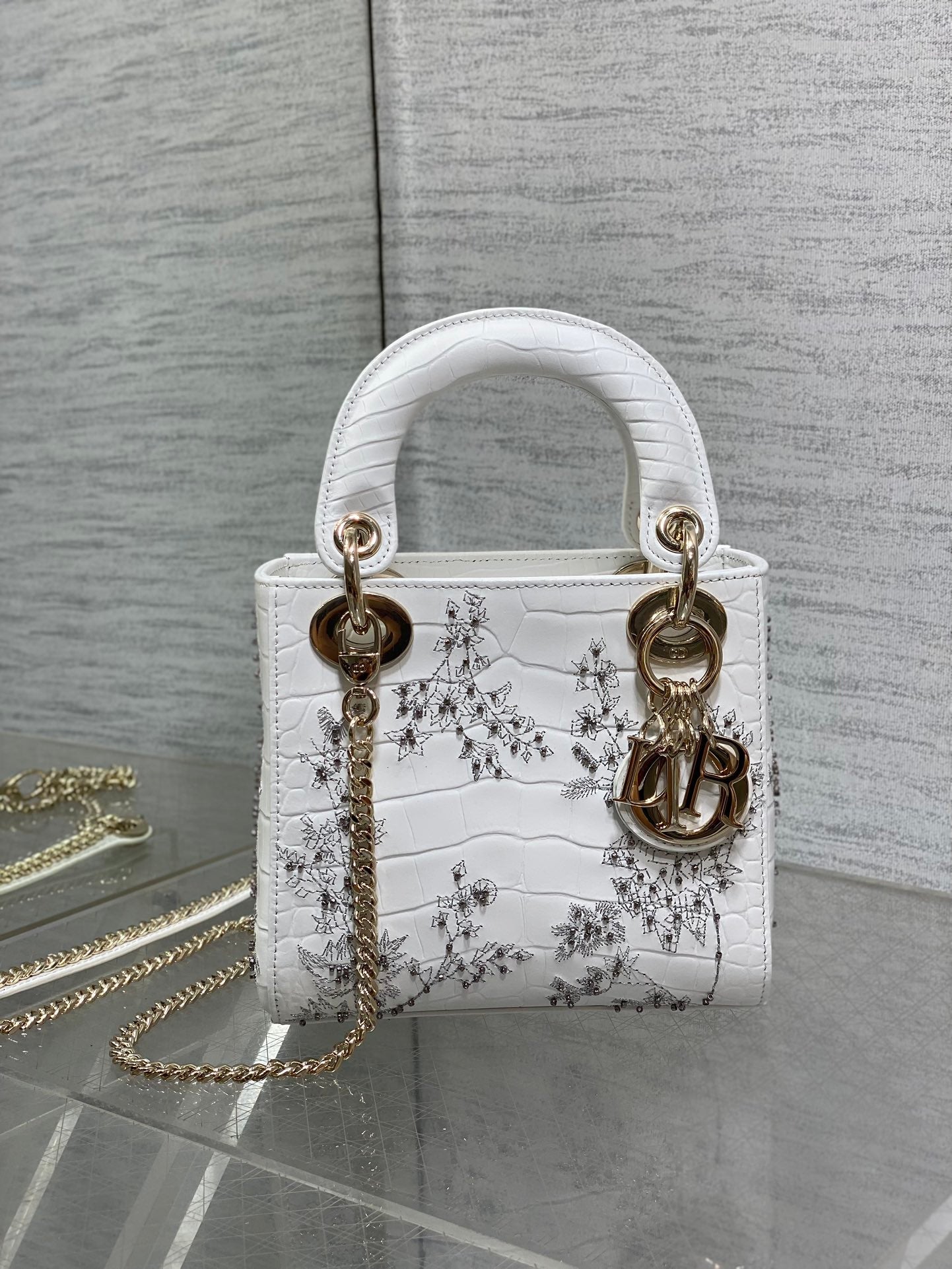Lady Bag 17cm White Crocodile Leather Light Gold Hardware