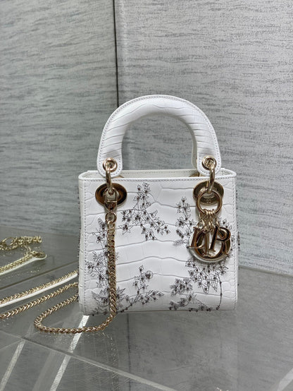 Lady Bag 17cm White Crocodile Leather Light Gold Hardware