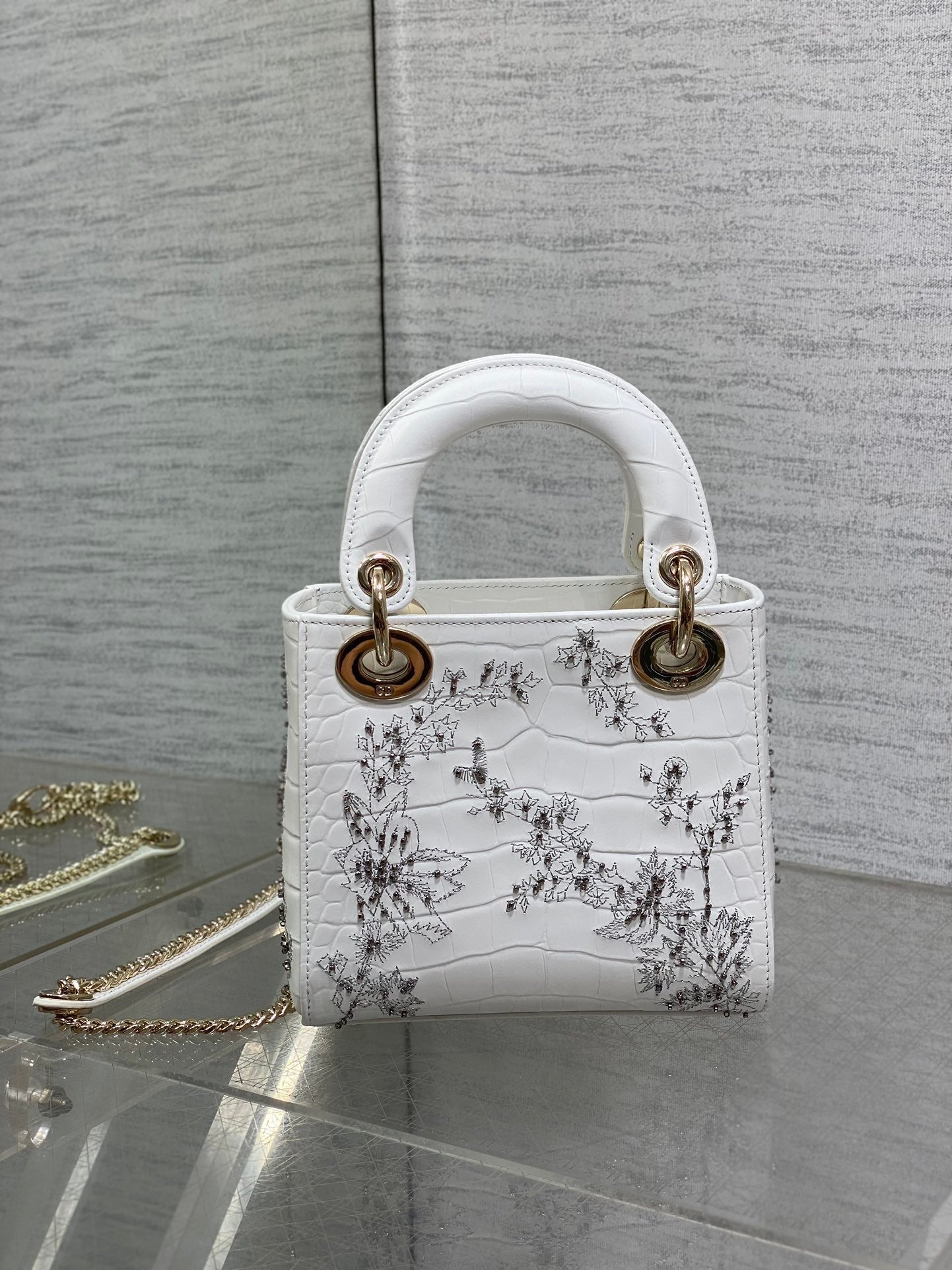 Lady Bag 17cm White Crocodile Leather Light Gold Hardware