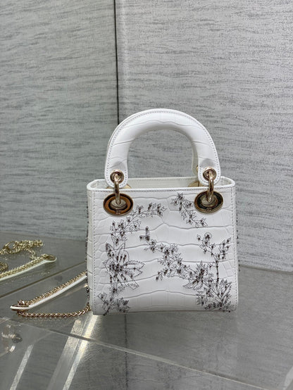 Lady Bag 17cm White Crocodile Leather Light Gold Hardware