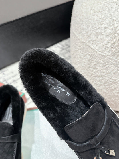LP Summer Charms Walk Loafers In Black Suede With Rabbit Fur Lining 985641