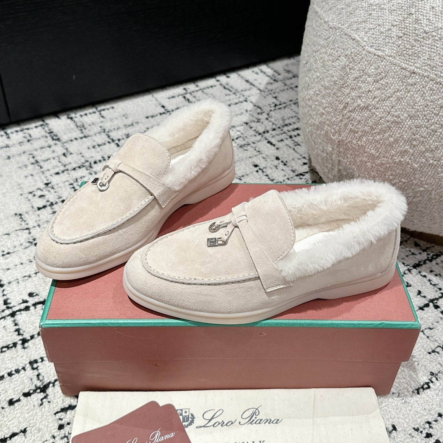LP Summer Charms Walk Loafers In White Suede With Rabbit Fur Lining 985649