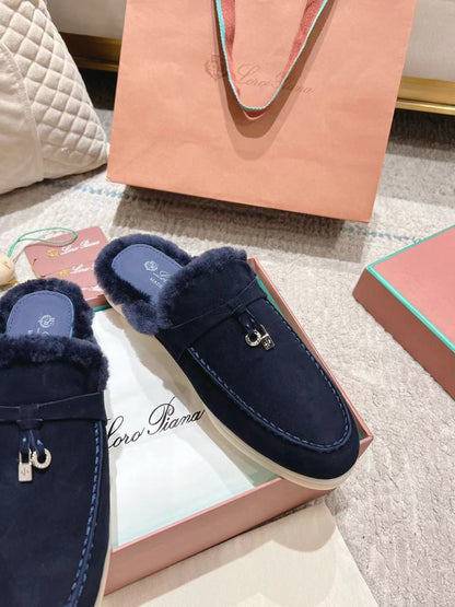 LP Charms Walk Babouche Loafer Space Blue Suede With Rabbit Fur Lining 206227