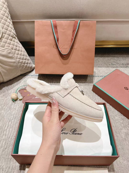 LP Charms Walk Babouche Loafer White Suede With Rabbit Fur Lining 206231