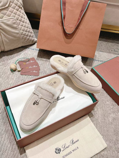 LP Charms Walk Babouche Loafer White Suede With Rabbit Fur Lining 206231