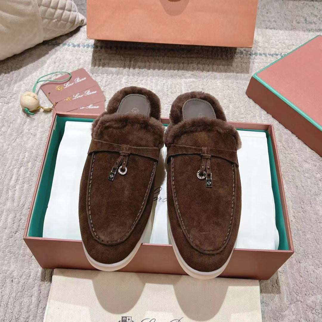 LP Charms Walk Babouche Loafer Bottele Brown  Suede With Rabbit Fur Lining 206245