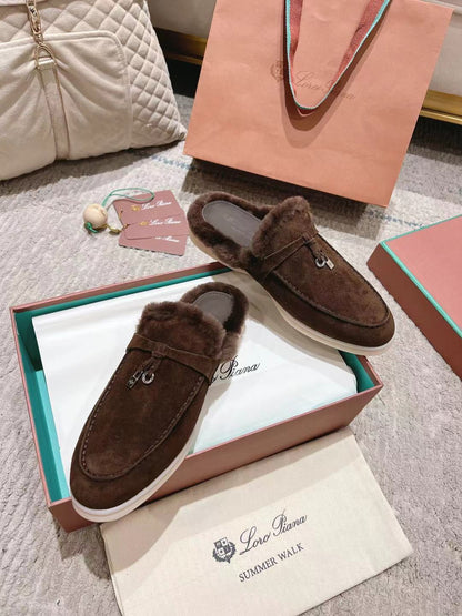 LP Charms Walk Babouche Loafer Bottele Brown  Suede With Rabbit Fur Lining 206245