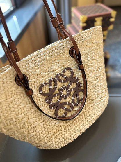 LOE SMALL ANAGRAM BASKET 28 BAG IN NATURAL MIX BROWN IRACA PALM AND CALFSKIN