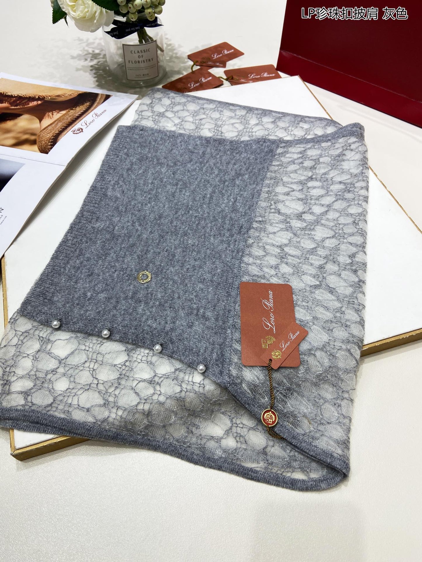 LP Pearl Button Scarf 135 CM In Grey White Cashmere  416913