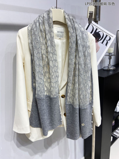 LP Pearl Button Scarf 135 CM In Grey White Cashmere  416913
