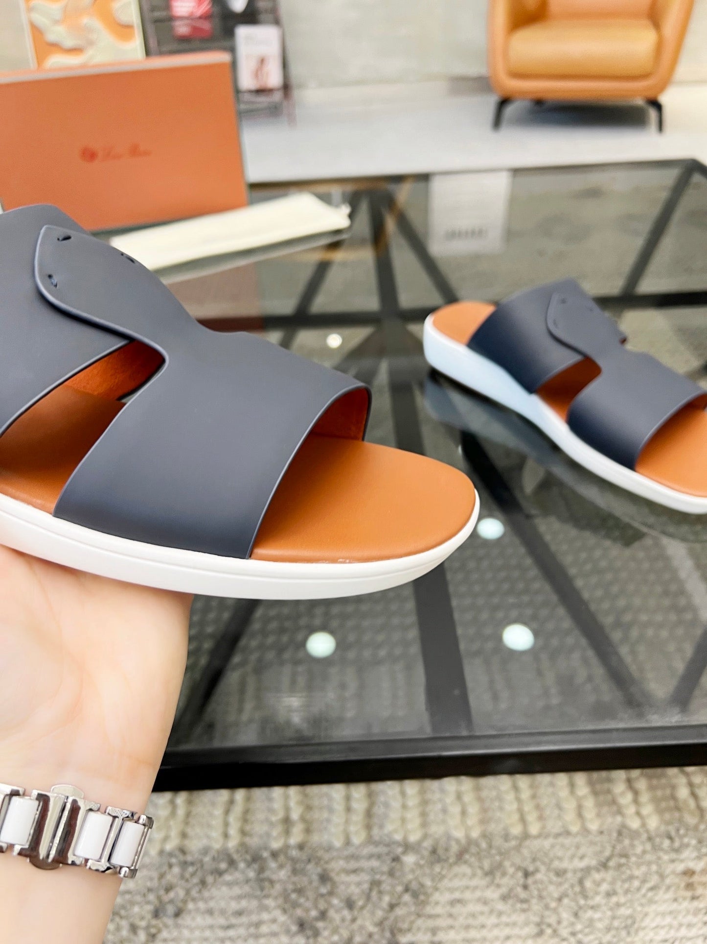 LP CROSSOVER SLIPPERS NAVY CALFSKIN