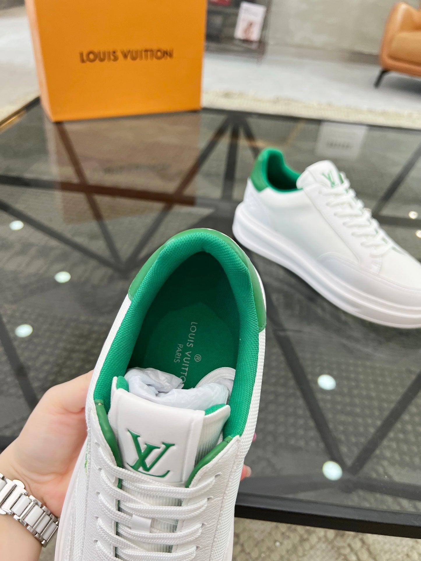 BEVERLY HILLS TRAINERS WHITE MIX COOL GREEN CALFSKIN AND MESH FABRIC