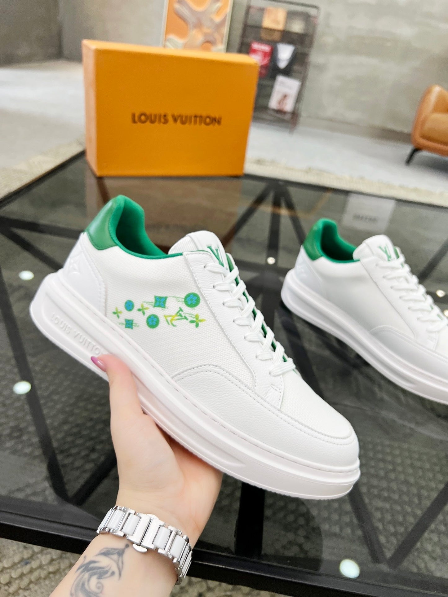 BEVERLY HILLS TRAINERS WHITE MIX COOL GREEN CALFSKIN AND MESH FABRIC