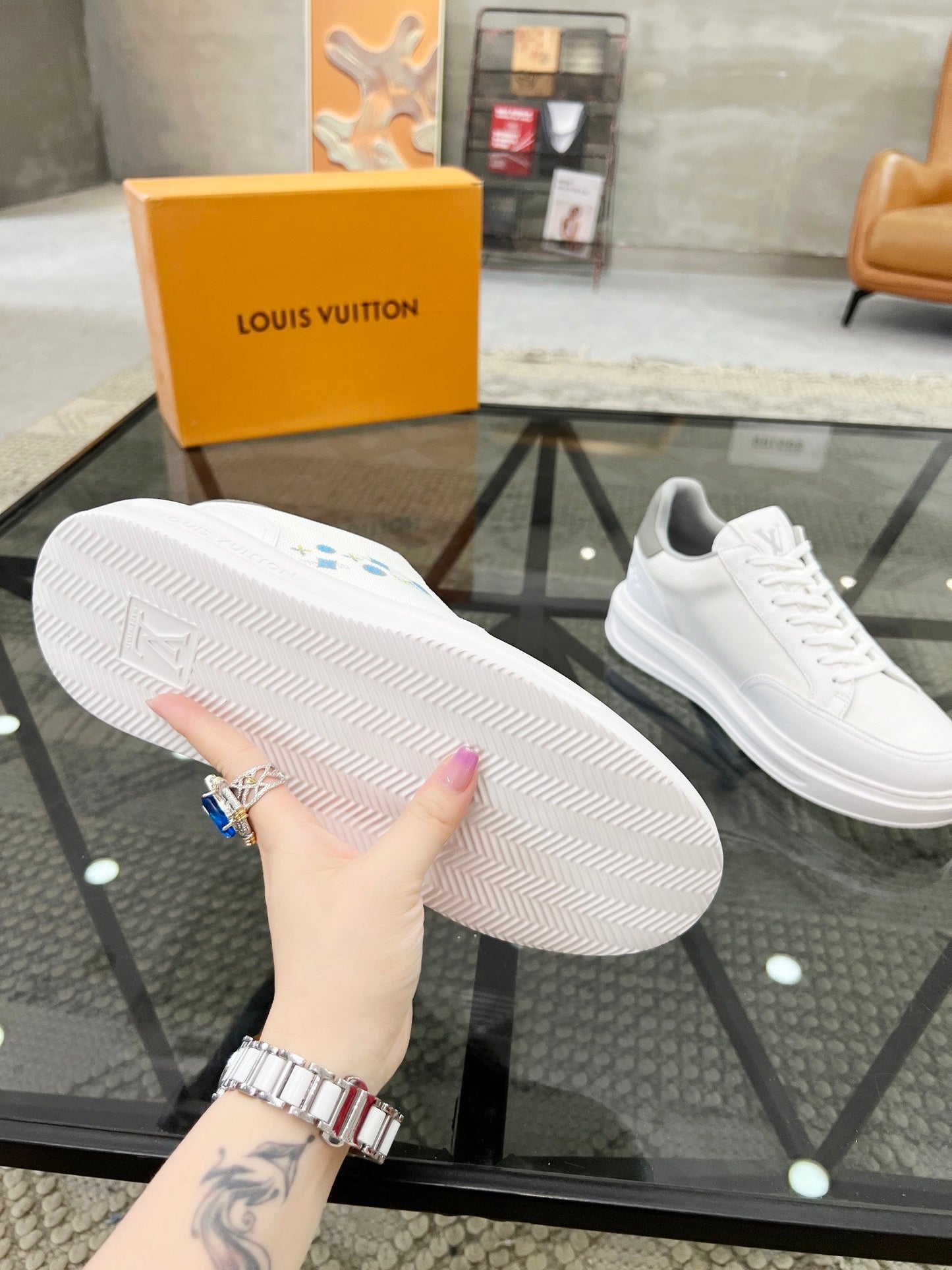 BEVERLY HILLS TRAINERS WHITE MIX GREY CALFSKIN AND MESH FABRIC