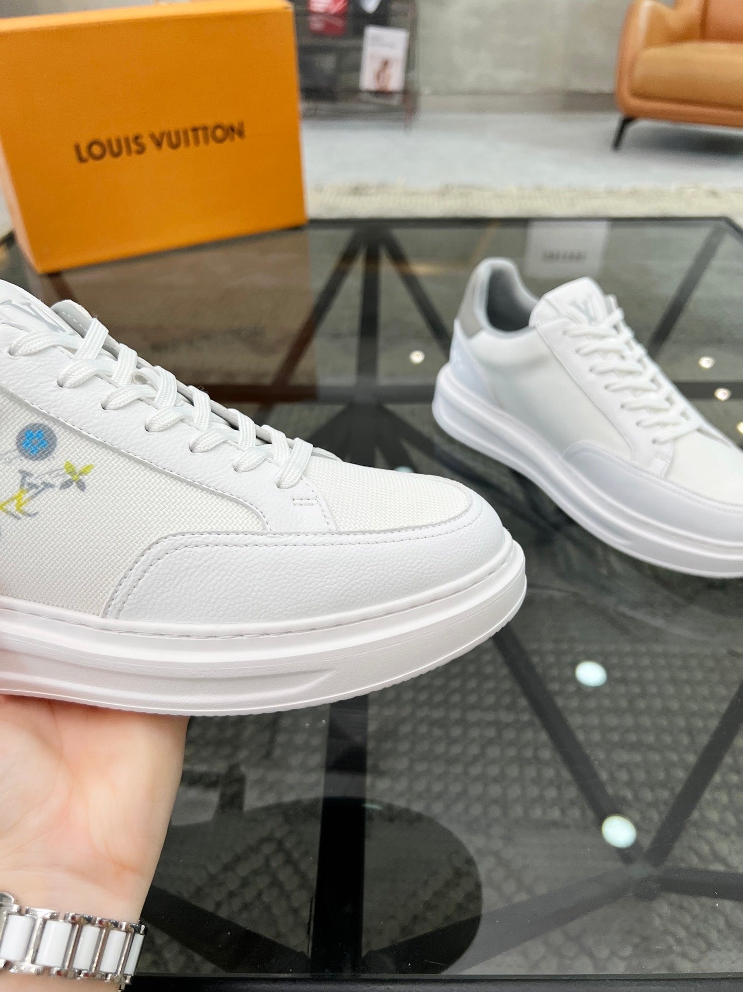 BEVERLY HILLS TRAINERS WHITE MIX GREY CALFSKIN AND MESH FABRIC