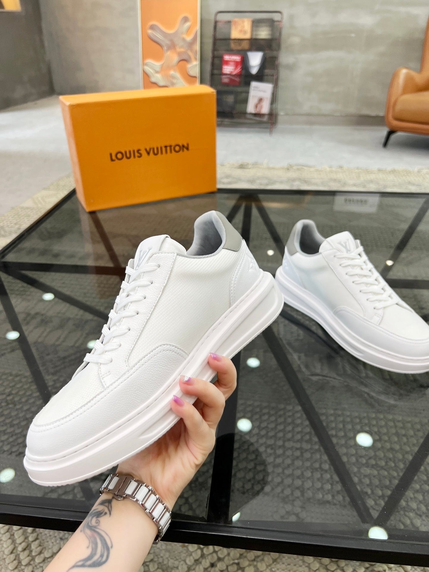 BEVERLY HILLS TRAINERS WHITE MIX GREY CALFSKIN AND MESH FABRIC