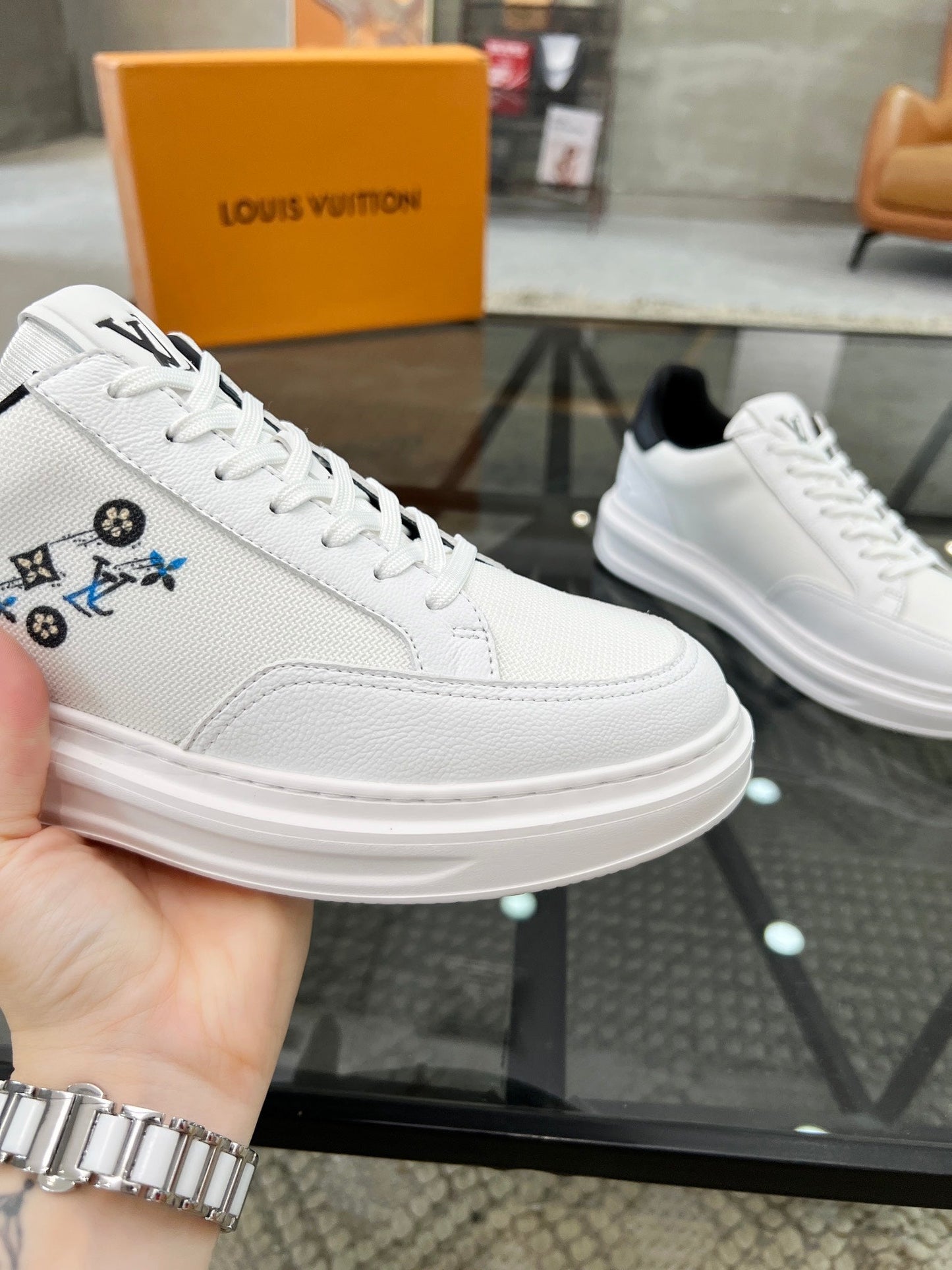 BEVERLY HILLS TRAINERS WHITE MIX BLACK CALFSKIN AND MESH FABRIC