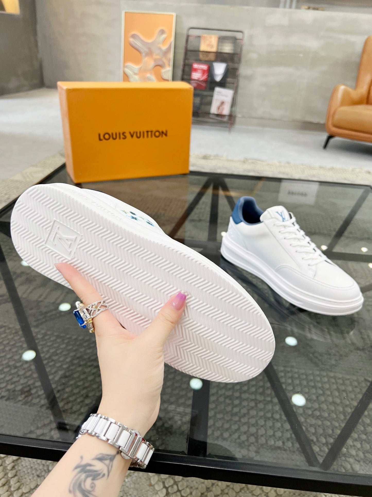 BEVERLY HILLS TRAINERS WHITE MIX DENIM BLUE CALFSKIN AND MESH FABRIC