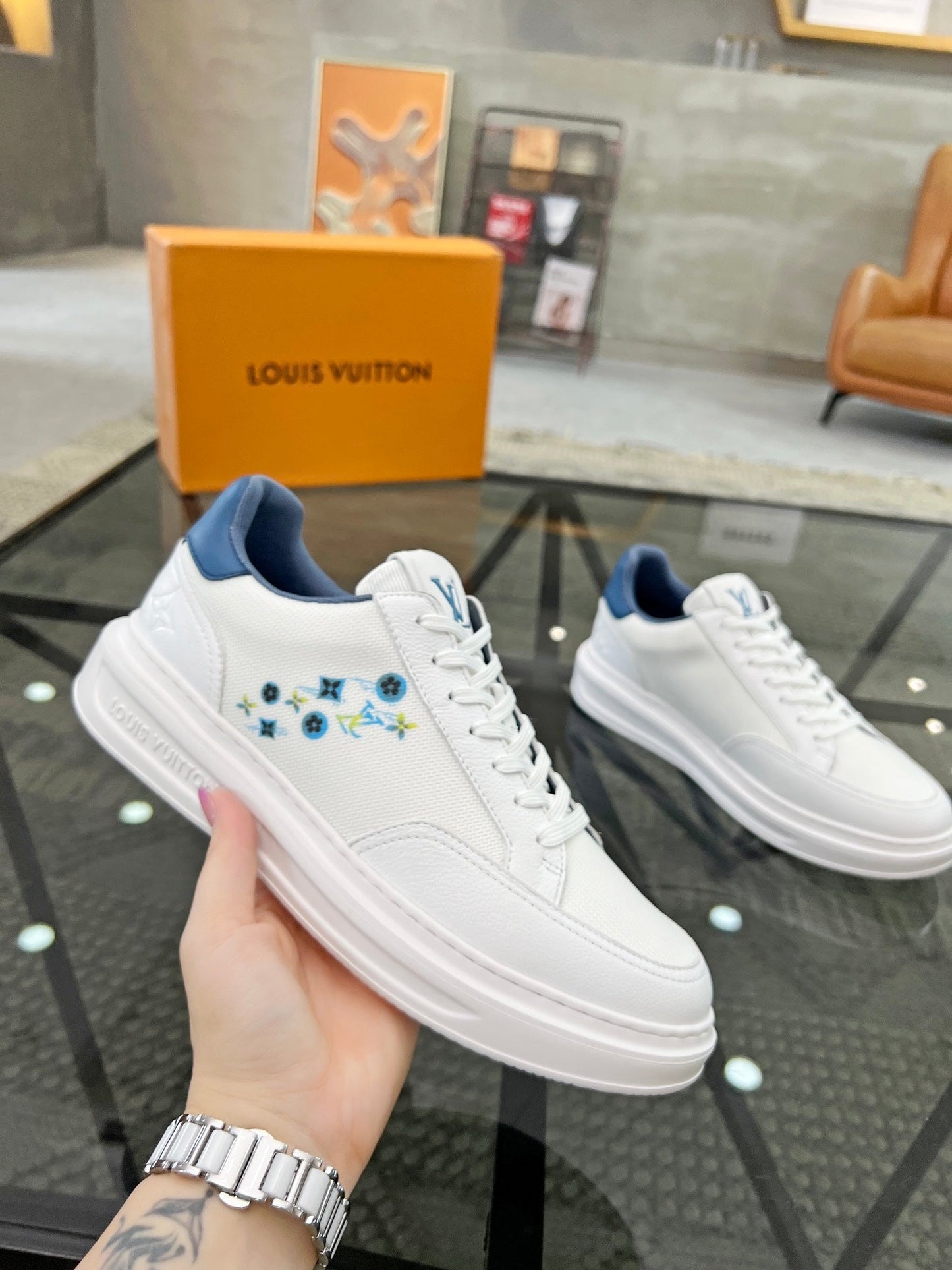 BEVERLY HILLS TRAINERS WHITE MIX DENIM BLUE CALFSKIN AND MESH FABRIC