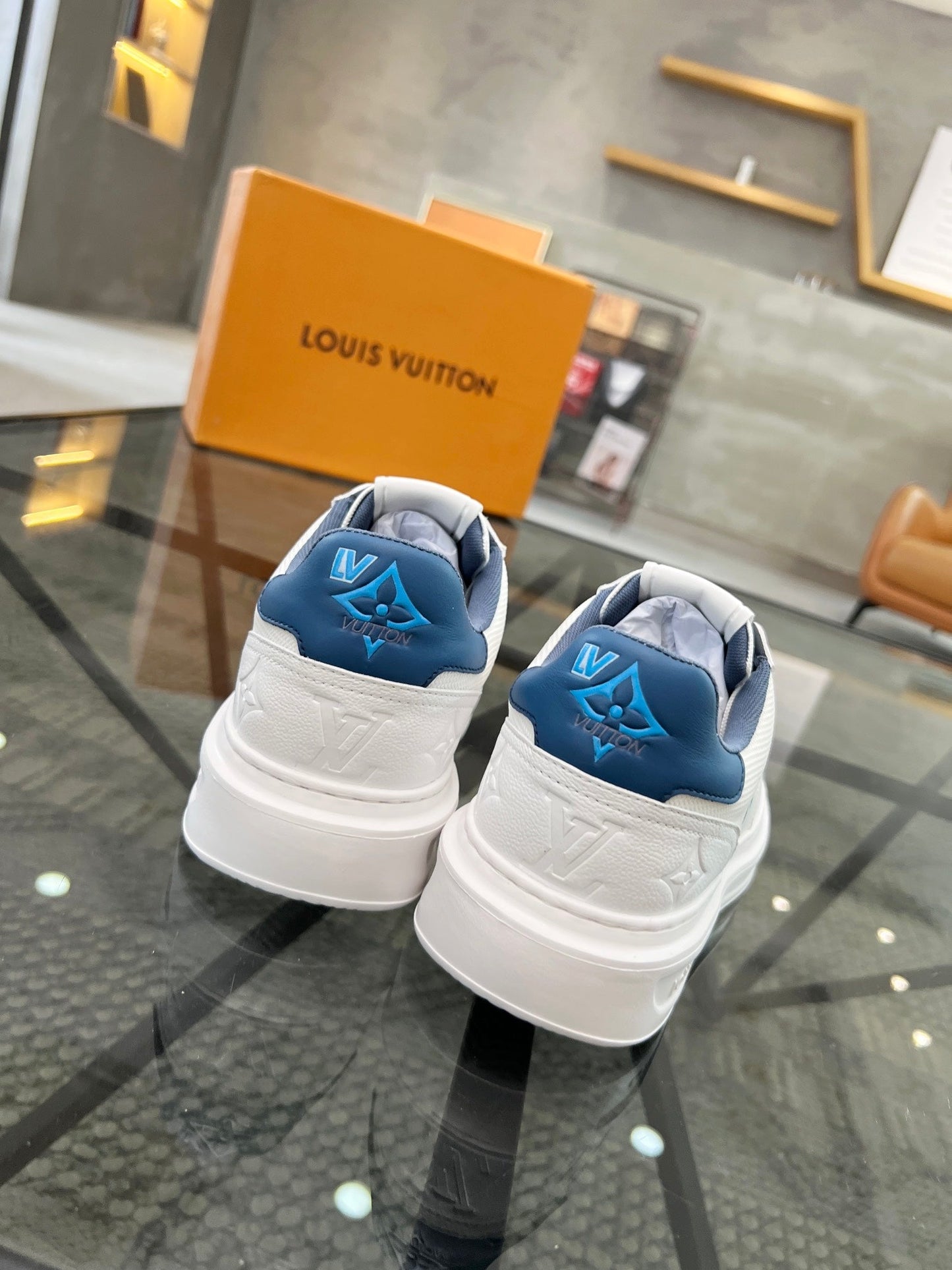 BEVERLY HILLS TRAINERS WHITE MIX DENIM BLUE CALFSKIN AND MESH FABRIC
