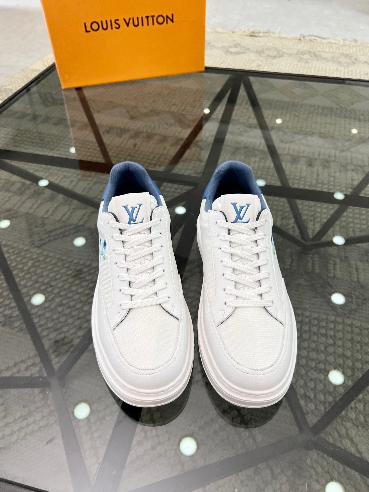 BEVERLY HILLS TRAINERS WHITE MIX DENIM BLUE CALFSKIN AND MESH FABRIC