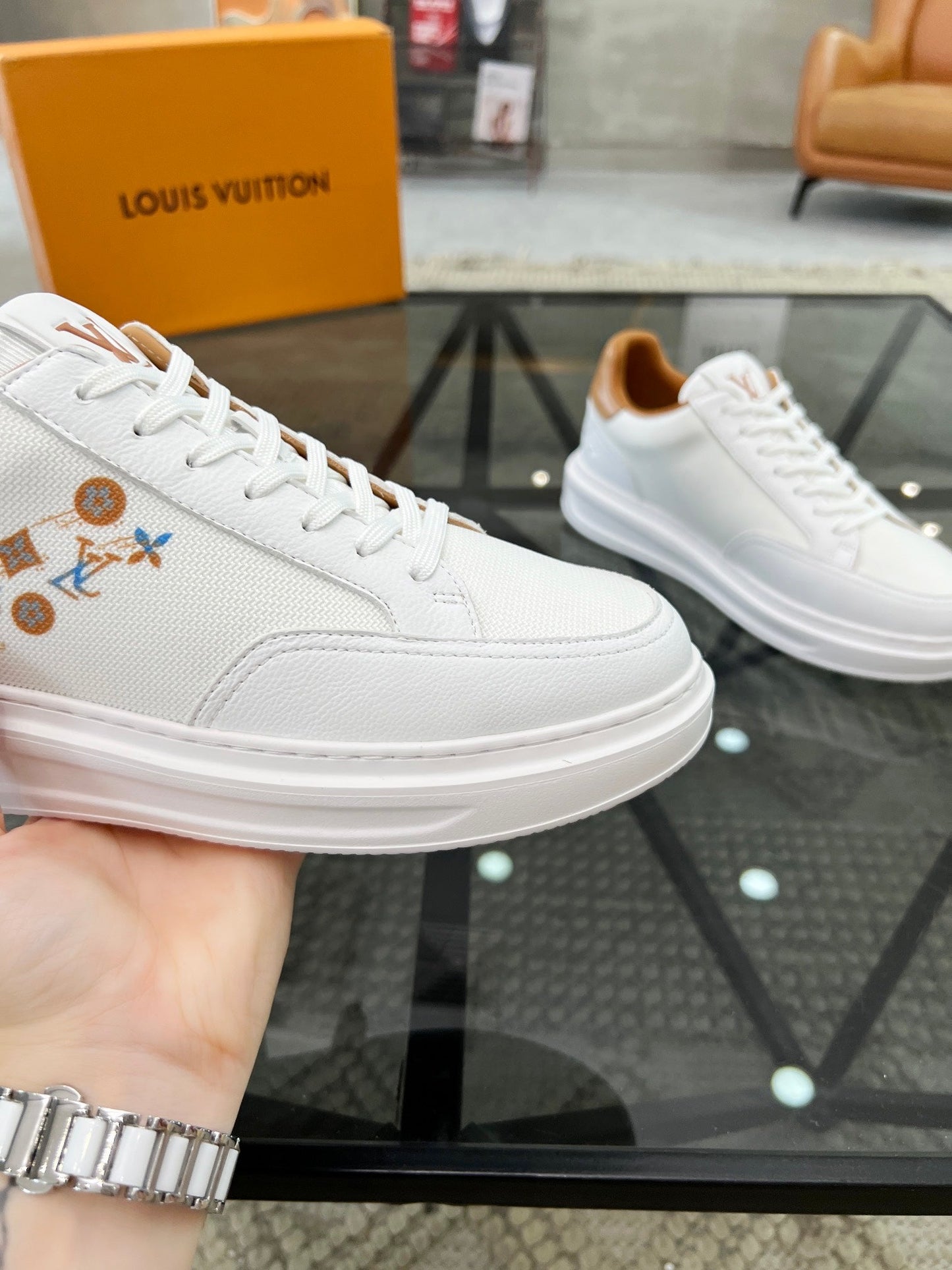 BEVERLY HILLS TRAINERS WHITE MIX BROWN CALFSKIN AND MESH FABRIC