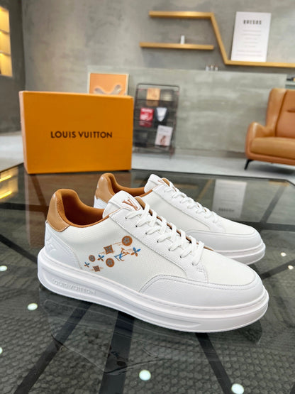 BEVERLY HILLS TRAINERS WHITE MIX BROWN CALFSKIN AND MESH FABRIC