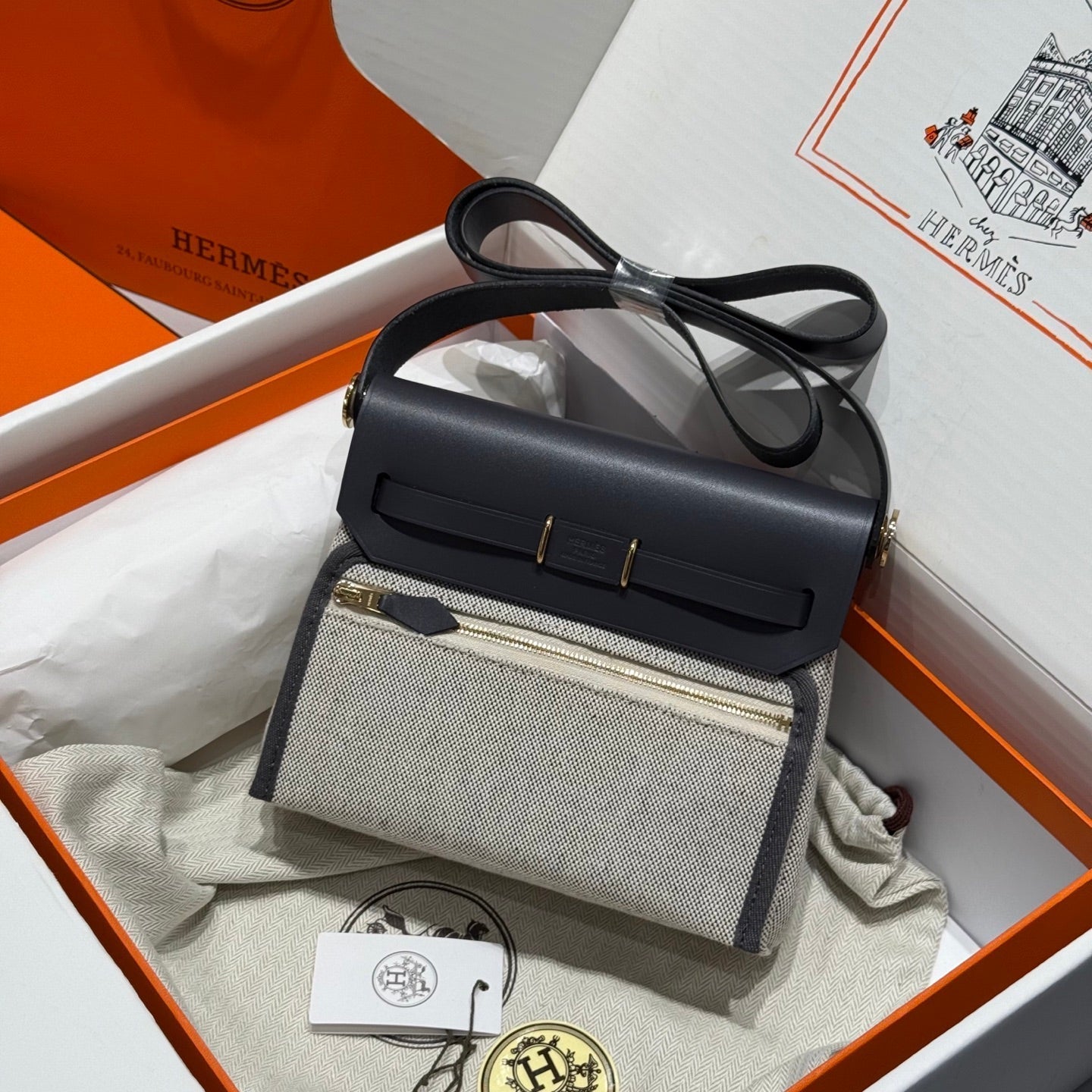 HM Mini Herbag Gold Buckle 20 Beige Grey Canvas and Hunter Cowhide 243285