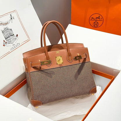HM Birkin 30cm Gold Swift Leather Brown Canvas Gold Hardware