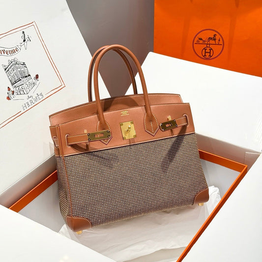 HM Birkin 30cm Gold Swift Leather Brown Canvas Gold Hardware