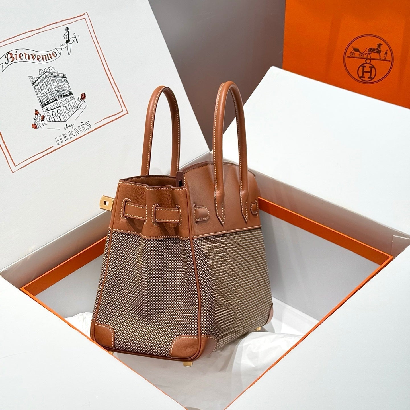 HM Birkin 30cm Gold Swift Leather Brown Canvas Gold Hardware