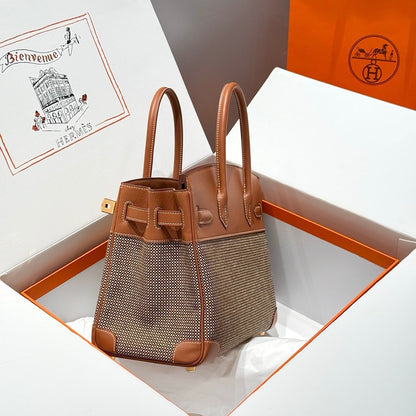 HM Birkin 30cm Gold Swift Leather Brown Canvas Gold Hardware